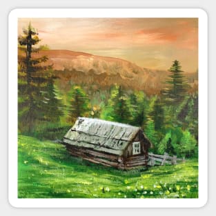 western country farm landscape pine tree old fence mountain rustic log cabin Sticker